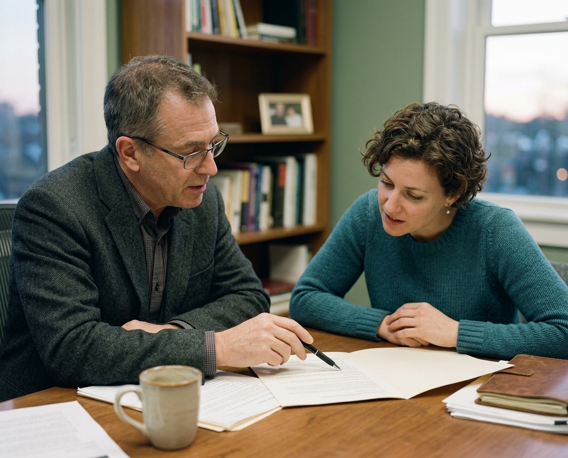 An advisor and a business owner reviewing one document together across a desk