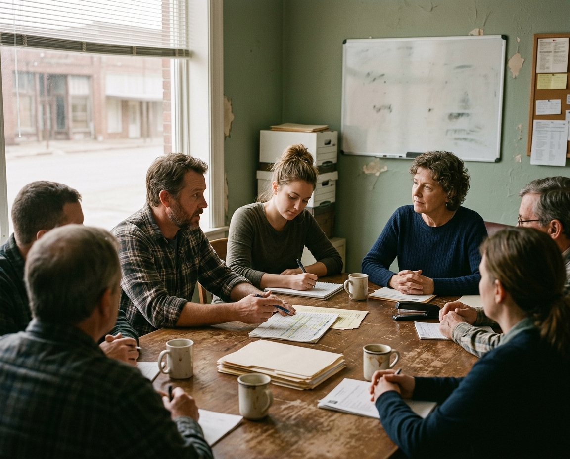 A six-person small-business team in a working meeting around a conference table
